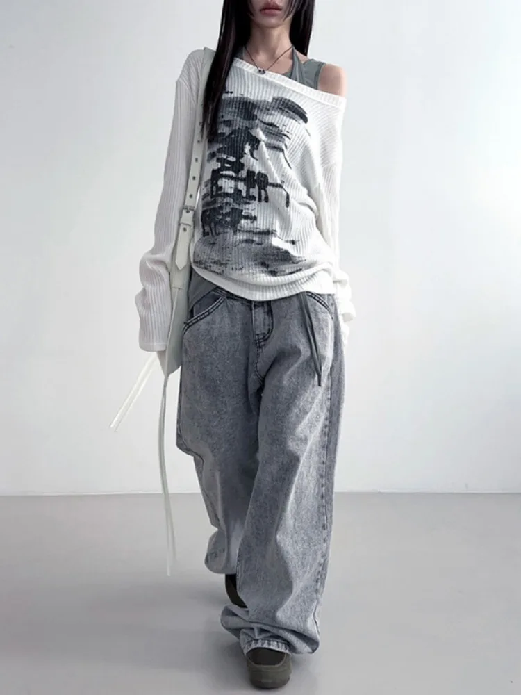 Autumn Harajuku Women Vintage Print Tees Streetwear Grunge Skew Collar Graphic Tshirt Y2k Aesthetic Casual Hiphop Grunge Top 3
