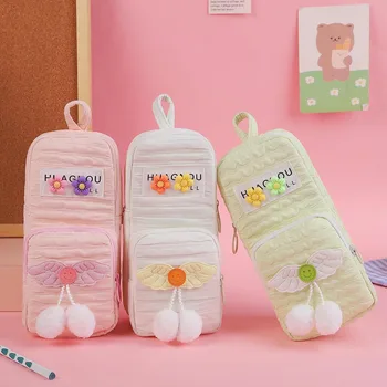 Astuccio a Forma di Zaino Scolastico, Carino e Soffice, Grande Capacità, Doppia Cerniera, Organizer per Cancelleria con Fiori, per Ragazze e Studentesse