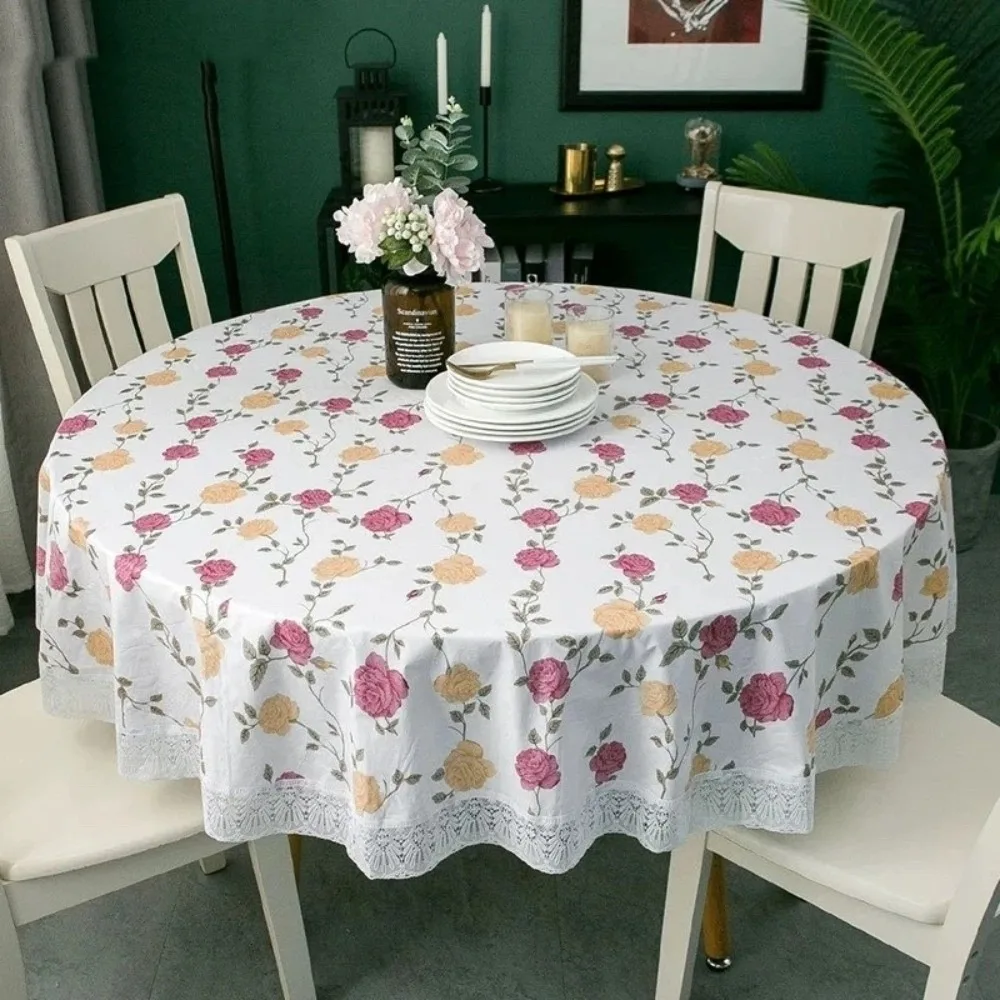 Pastoral Style PVC Tablecloth Printed Design Lace Hem Waterproof Tablecloth Flower Pattern Oil Resistant Round Table Cover