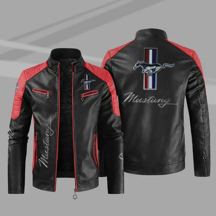 

European size thin PU leather jacket Ford Mustang logo motorcycle motorcycle leather jacket men's casual windproof jacket