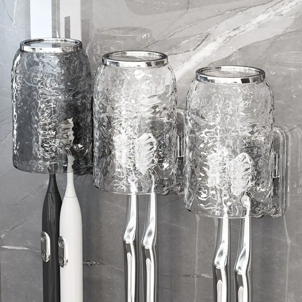 Transparent Toothbrush Rack Water Ripples Drain Upside Down Toothbrush Holder Strong Adhesive Installation PET+ABS Wash Cup Set 2