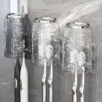 Transparent Toothbrush Rack Water Ripples Drain Upside Down Toothbrush Holder Strong Adhesive Installation PET+ABS Wash Cup Set 2