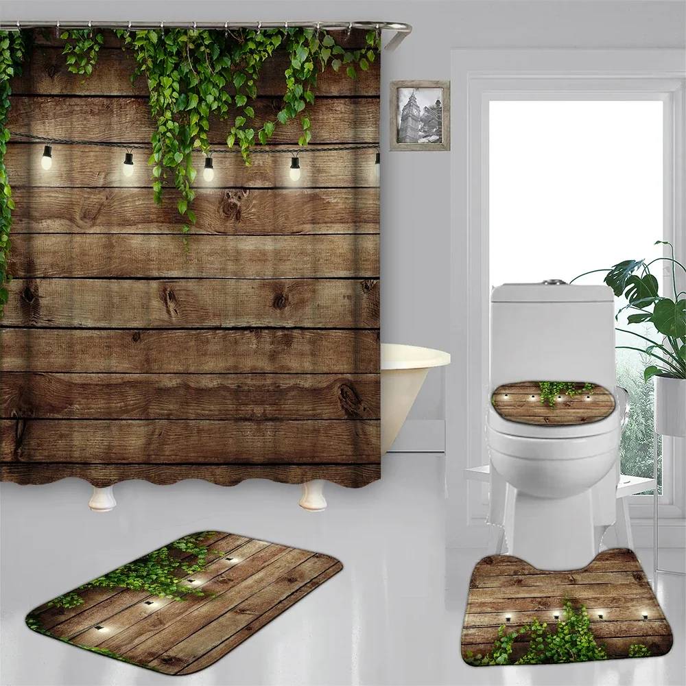 4-piece set of ivy and brown wooden board printed waterproof shower curtain, with 12 hooks and bathroom floor mats 5