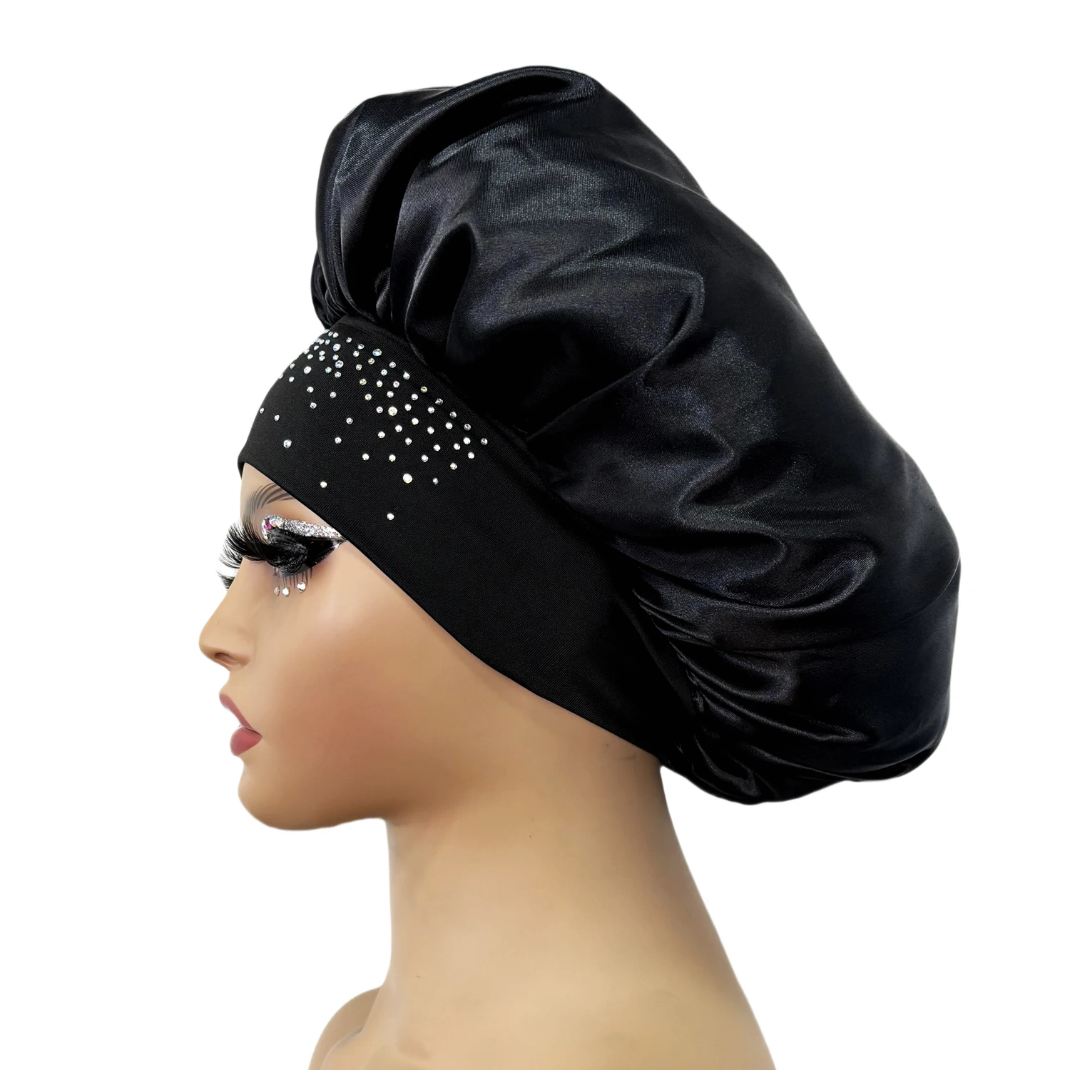 Newly Women Satin Night Sleep Cap Luxury Rhinestone Hair Bonnet Hat Shower Cap Bathroom Hair Accessories Turban Headwrap 5
