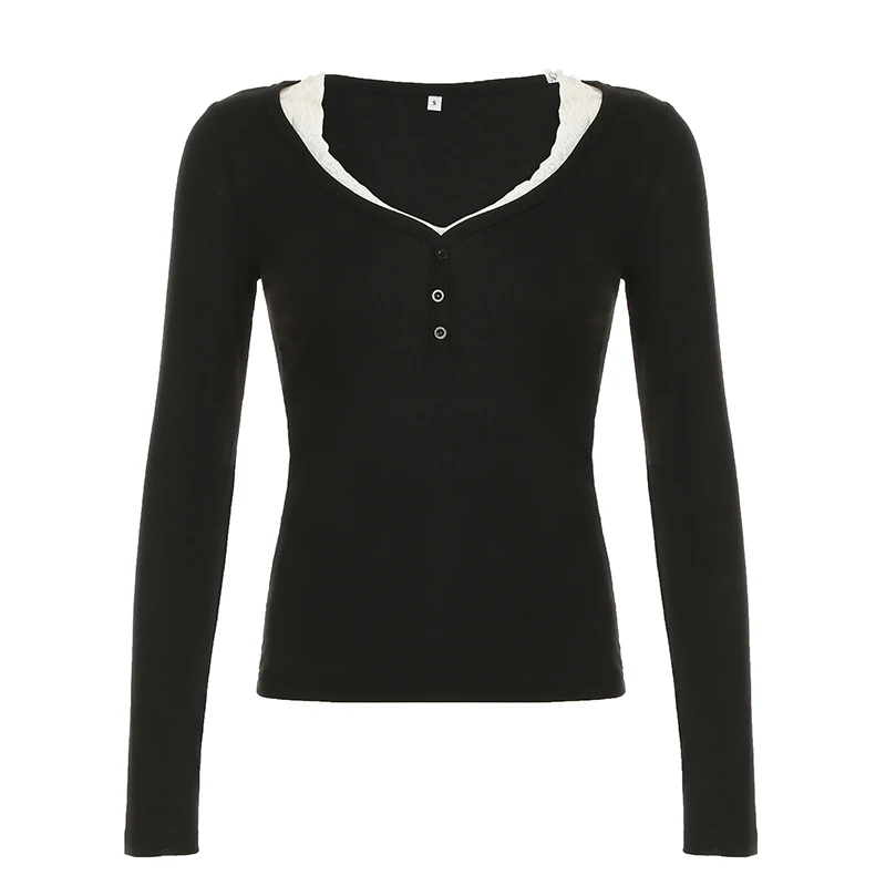 Contrast Lace Crew Neck Top Spring Casual Y2K Long Sleeve Buttons T-shirt Knitted Slim Basic Tee Shirt Streetwear 90s