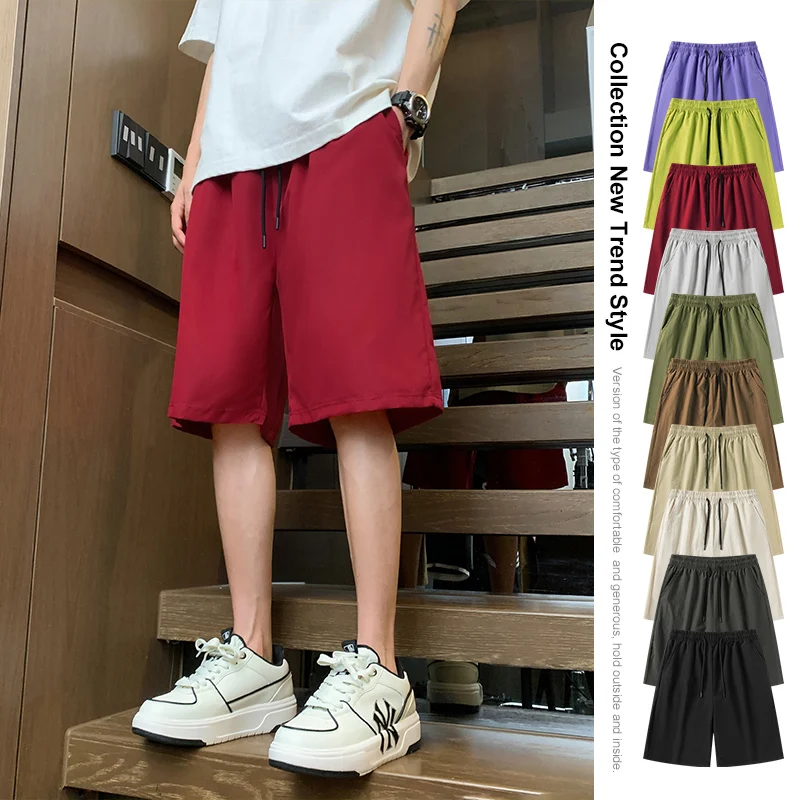 Ice Shreds Men's Trousers 2024 New Summer Solid Color Elastic Mid Waist Pockets Drawstring Trendy Loose Sweatpants Casual Shorts