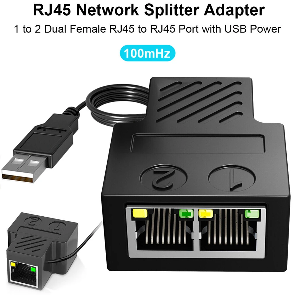 RJ45 Ethernet Splitter 1 to 2 Out, 1000Mbps Network Splitter with USB Power  Cable, Gigabit LAN Internet Splitter Connector for Cat 5/5e/6/7/8, Support  Two Devices Working Simultaneously 