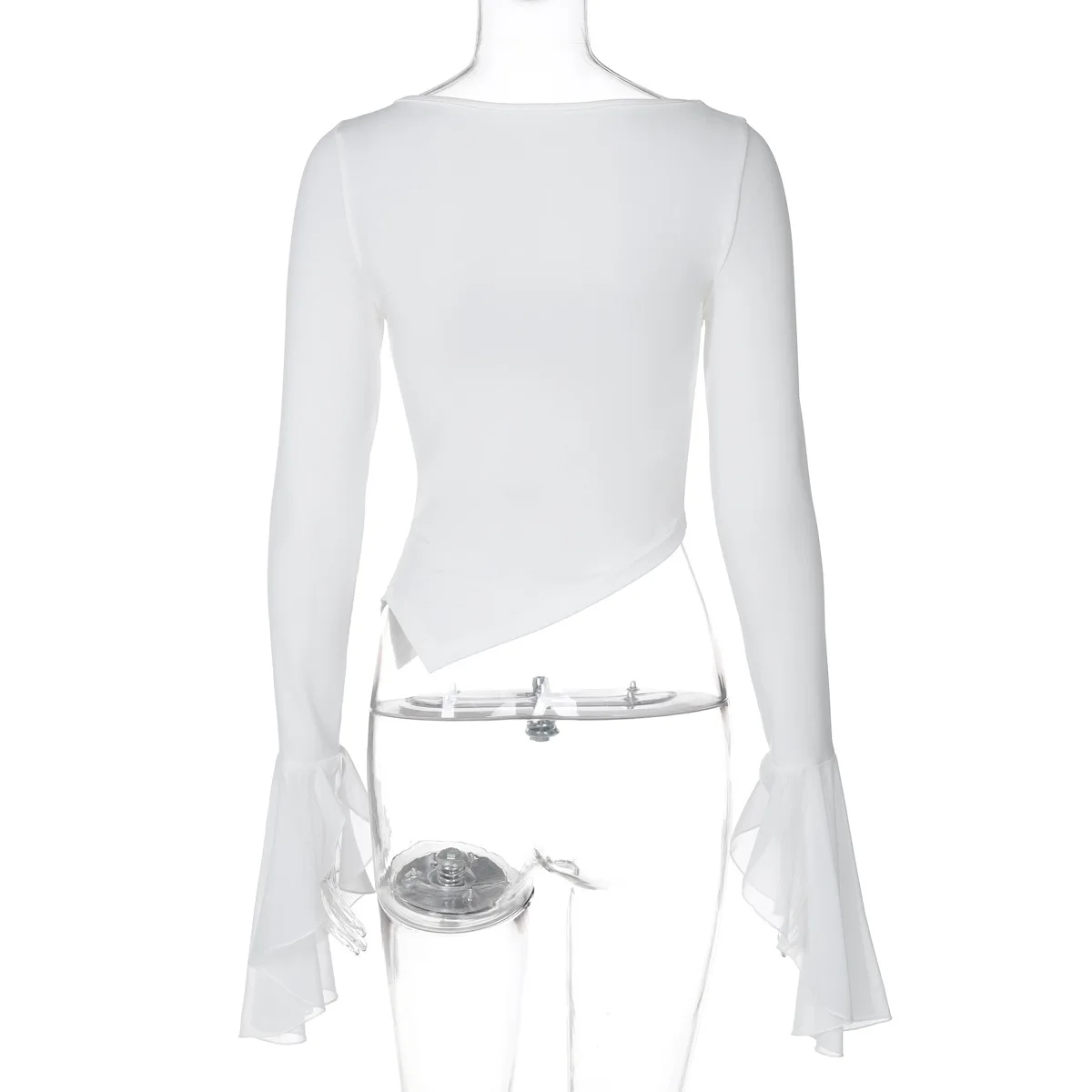 White Mesh Cropped Top Pullover For Women Patchwork Long Sleeve Skinny Irregular Ruched Fashion T-Shirts Women's Y2k Top
