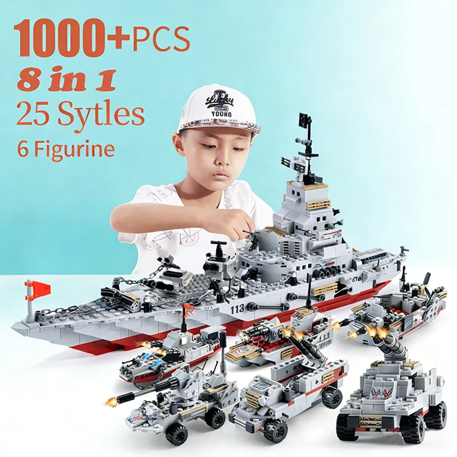 1000+ Teile Marine-Kriegscharioten-Schiff Armee-Boot Flugzeug-Modell Kriegsschiffe Bausteine Stadt Kinder Spielzeug für Jungen