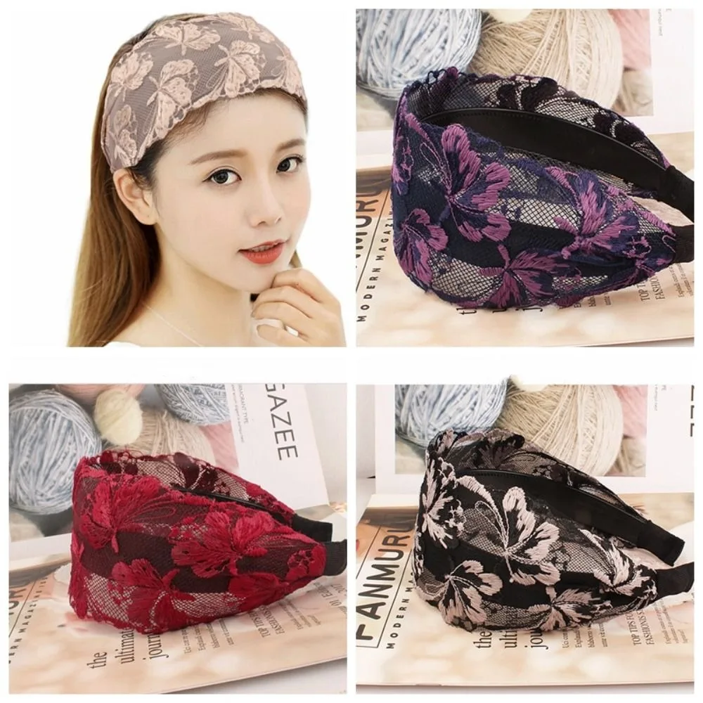 

Non-slip Lace Embroidery headband Vintage Butterfly Women Hair Hoop Broadside Korean Style Toothed Non-slip Hairband Girls