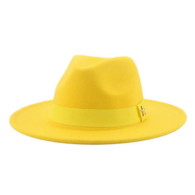 Fedora Hat Women Winter Hats for Women Ribbon Band Men's Hat Wide Brim Classic Beige Wedding Church Bowler New Cap chapeau femme Yellow with star