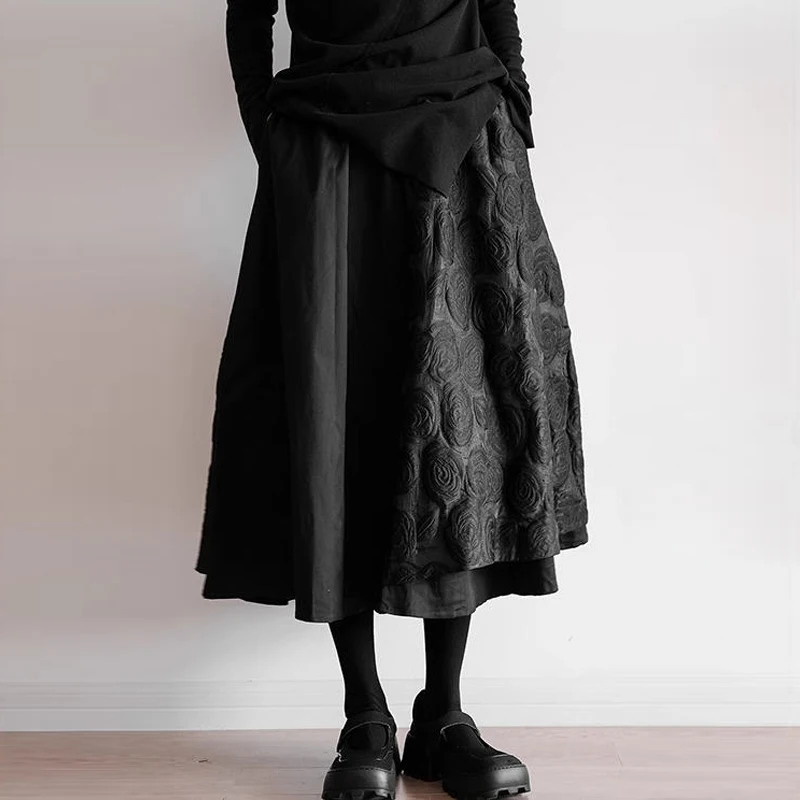 plus Size Women's Midi Skirt Autumn Winter Loose Splice Design High Waist A-Line Skirt Vintage Sle Floral Pattern