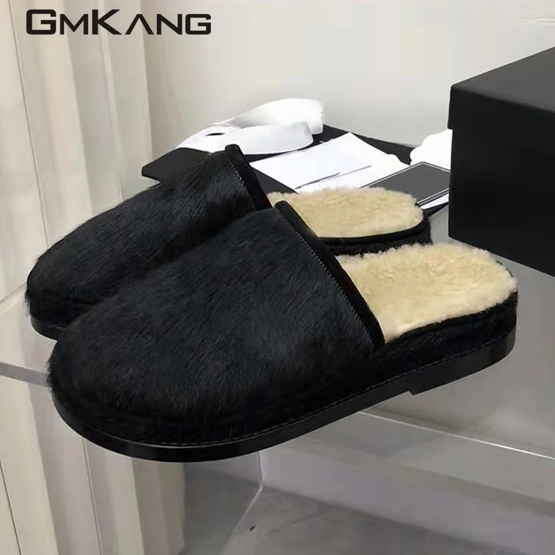 Pony wool slippers Women's metal buckle flat shoes Women's round head leisure mule winter wool slippers Walking casual shoes Men