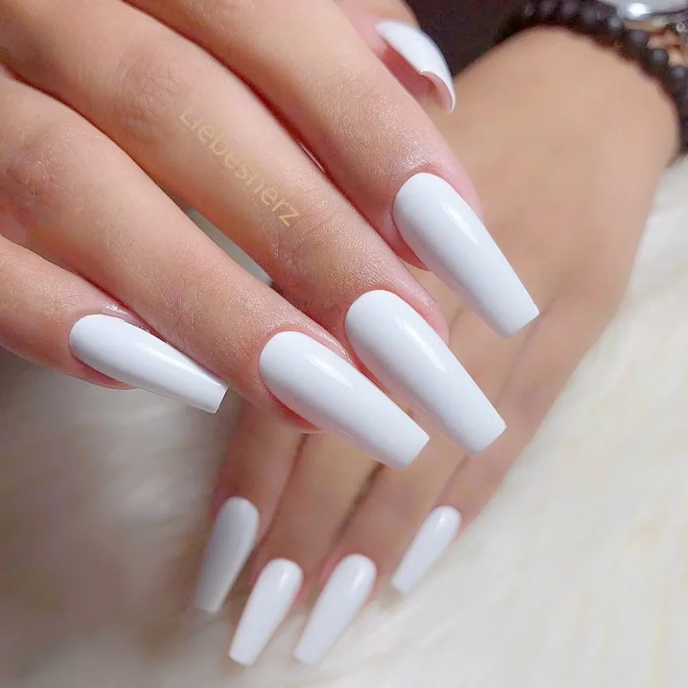 

24Pcs Shiny White Long Ballerina Coffin False Nails With Jelly Glue Artificial Press On Fake Nails DIY Finger Tips Manicure Tool