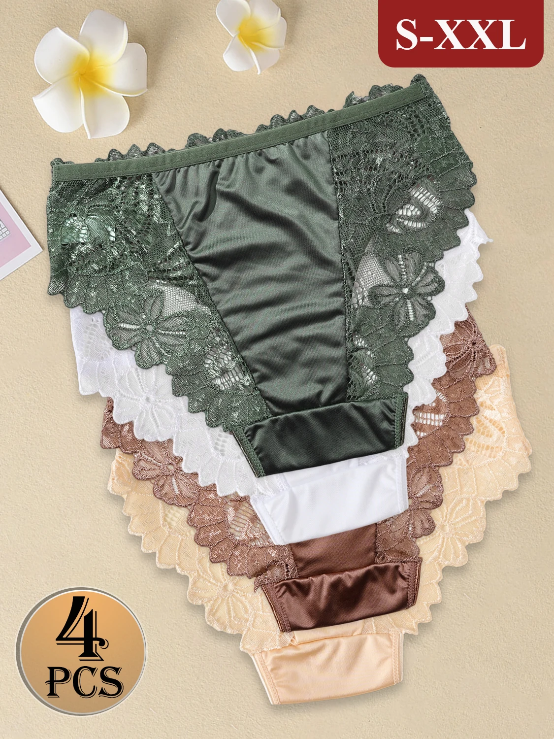 Women Satin Panties - Elegant Mid-Rise Lace Underwear Briefs with Floral Design