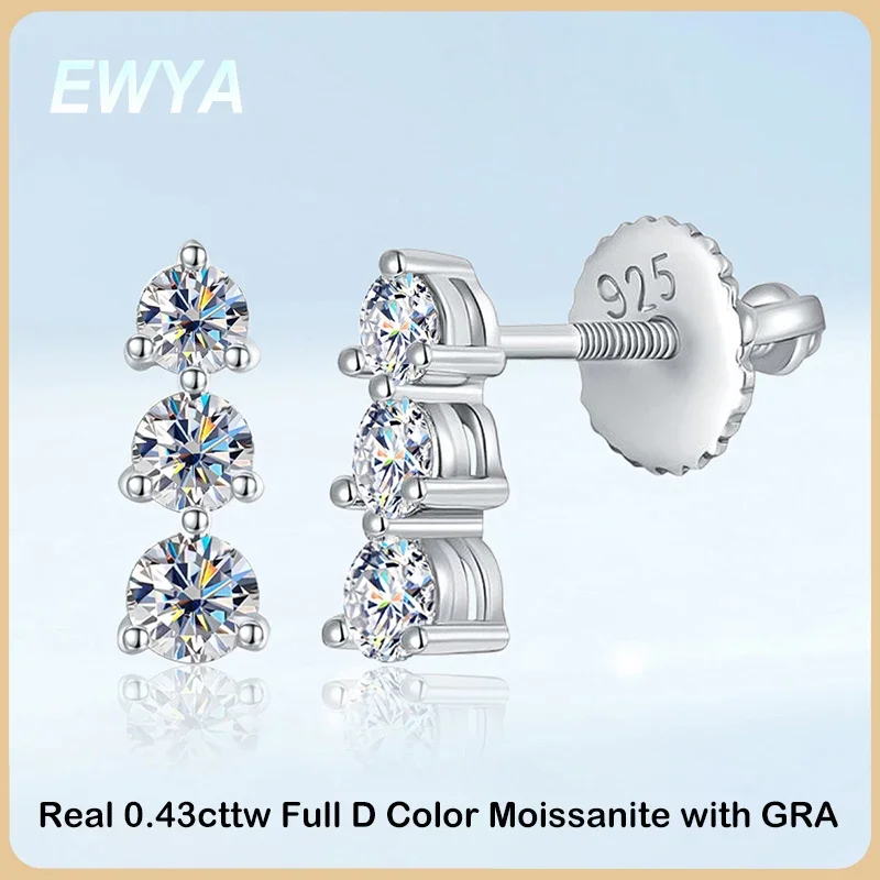 

EWYA Real 0.43cttw D Color Moissanite Drop Earring for Women S925 Silver 3-Stone Pass Diamond Test Dangle Earrings Fine Jewelry