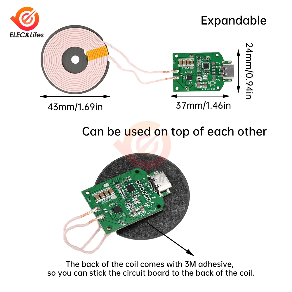5V-15V 15W Qi Standard Wireless Charging DIY Coil Receiver Module Circuit Board Wireless Charging Coil for iPhone Smart Phone