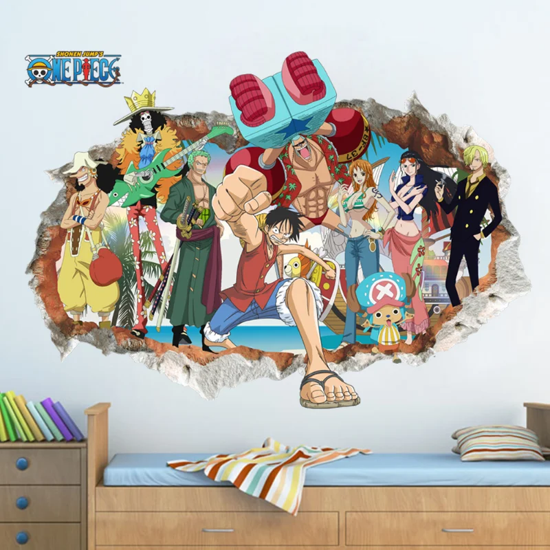 ONE PIECE 3D Wall Stickers Anime Luffy Anime Wallpaper Bedroom Cartoon Waterproof PVC Broken Wall Graffiti Decoration Sticker