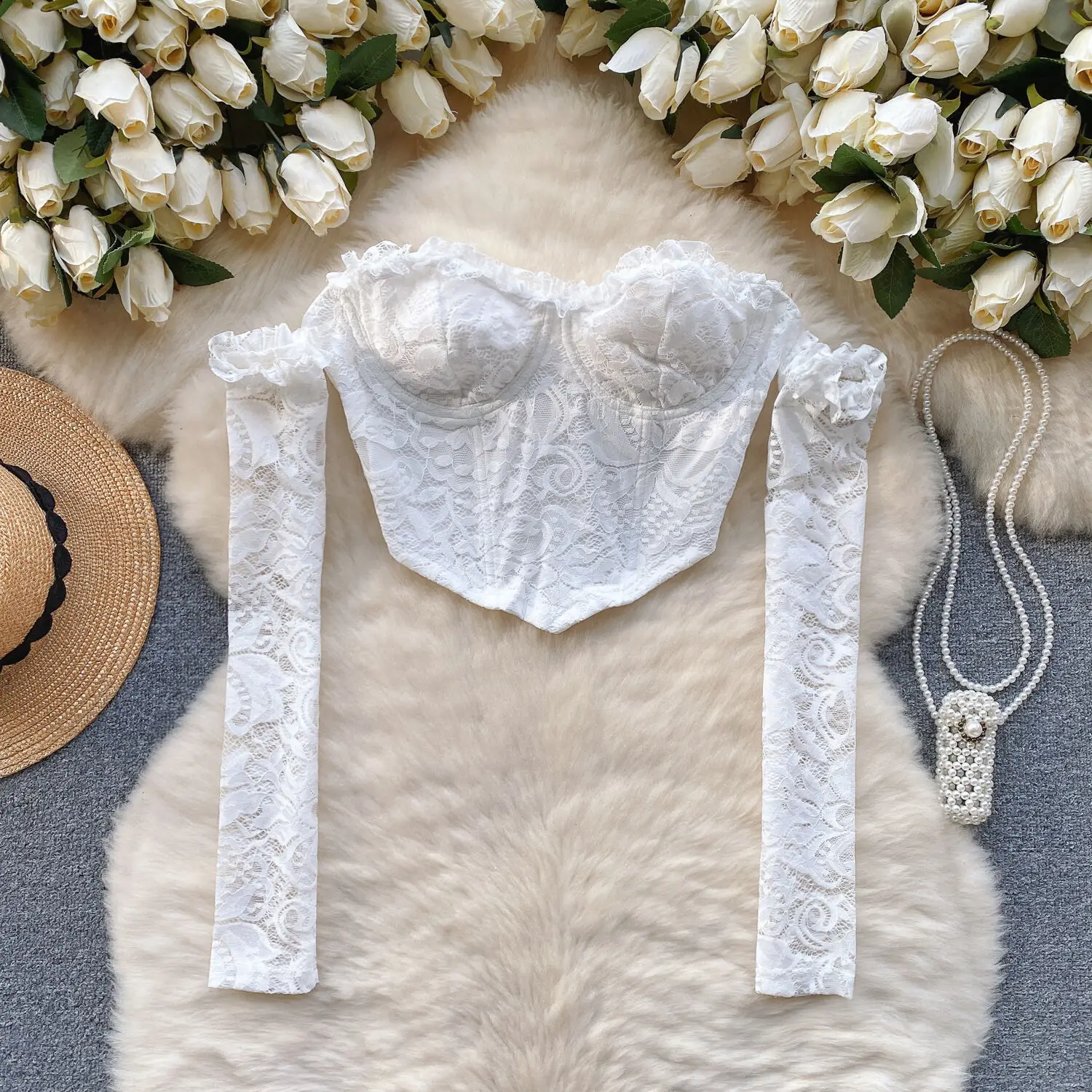 

Женский кружевной топ с открытыми плечами, длинным рукавом