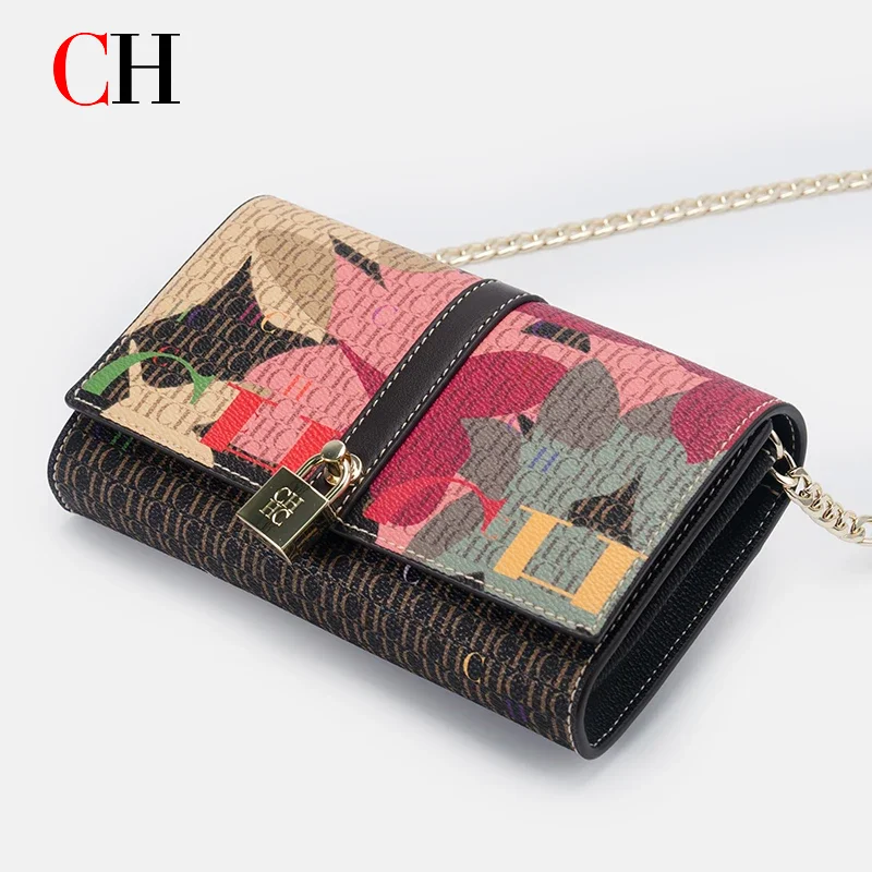 CH chain bag with a printed lock design with floral letters, high-quality women's shoulder bag made of polyurethane 2025