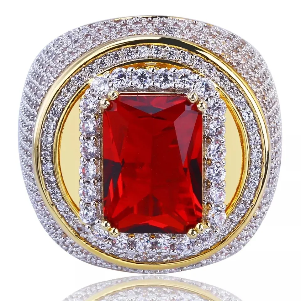 Hot Fashion Big Male Wide Red Zircon Stone Geometric Ring Luxury Yellow Gold Color Iced Out