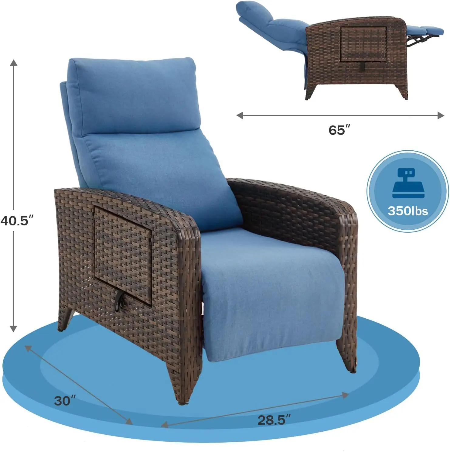 Outdoor Recliner Chair, Reclining Patio Chairs with Adjustable Back up to 150°Lay Flat and Extended Footrest, Wicker