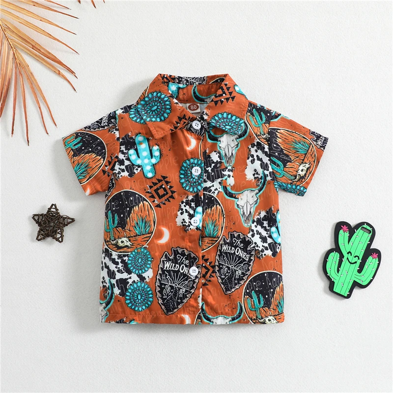 Children Shirts Baby Boys Button Up T-shirt Casual Cow's Head Print Lapel Short Sleeve Tops Toddler Summer Clothes Shirt