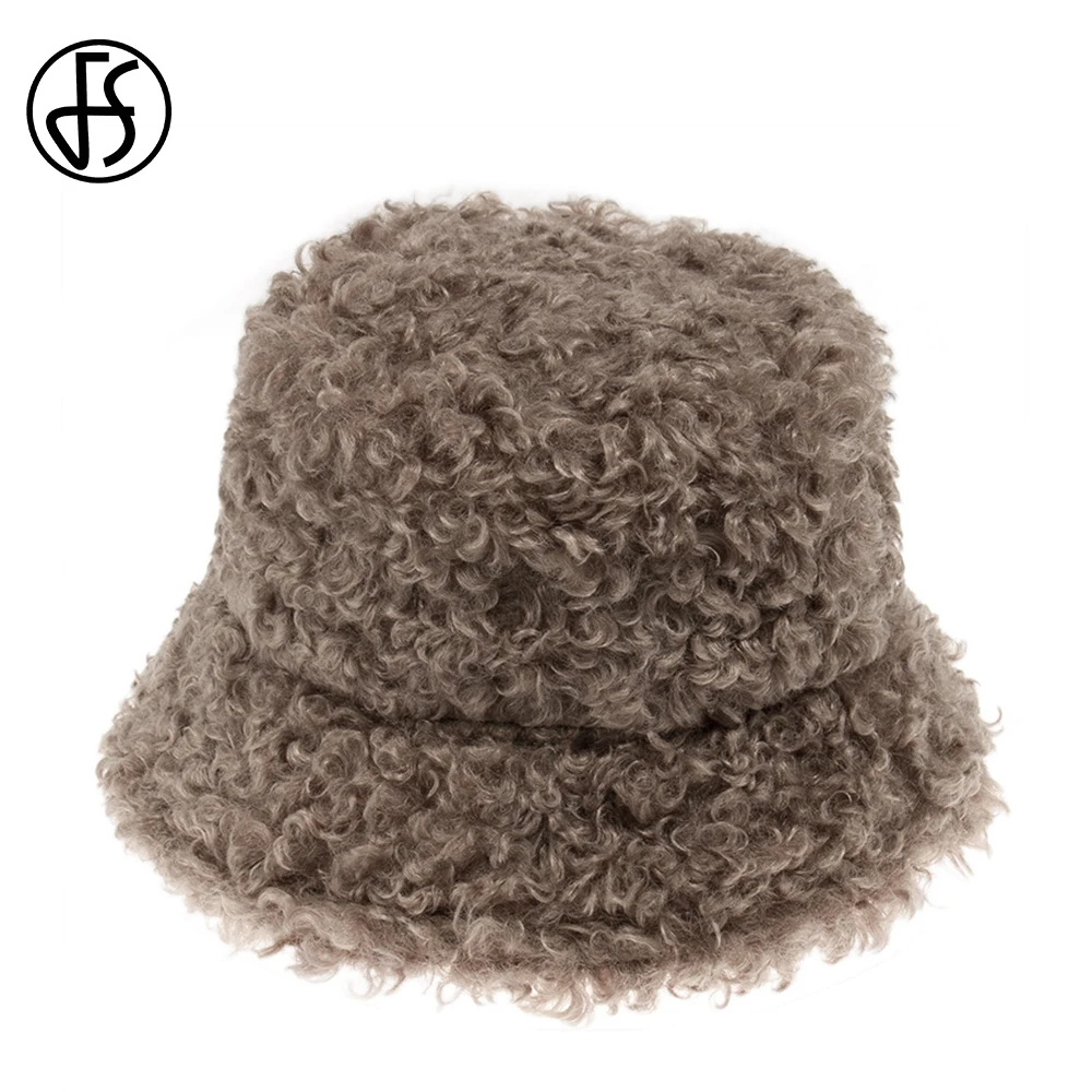 

FS Lamb Wool Bucket Hat For Men Leisure Winter Panama Caps Thicken Plush Fisherman Hats Brown Beige Warm Women Cap Bob Homme