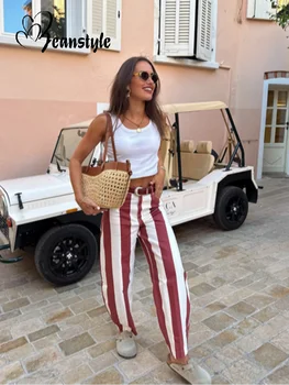 Jean décontracté rayé pour femme, taille mi-haute, avec poches à bouton unique, coupe droite, collection Printemps-Été 2026, pantalon tendance pour femme