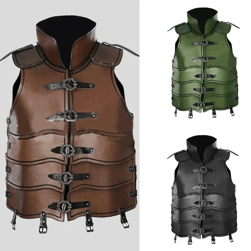 

Mens Leathers Medieval Punk Chest Vest Halloween Cosplays Archers Costume Adults Chest Body Armors Outfit Jerkins Coat