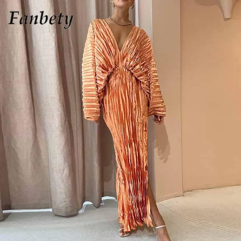 

Fashion V-Neck Pleated Slim Party Dress Women Elegant Solid Color Bat Sleeve Temperament Dress Sexy Hollow Split Long Dresses