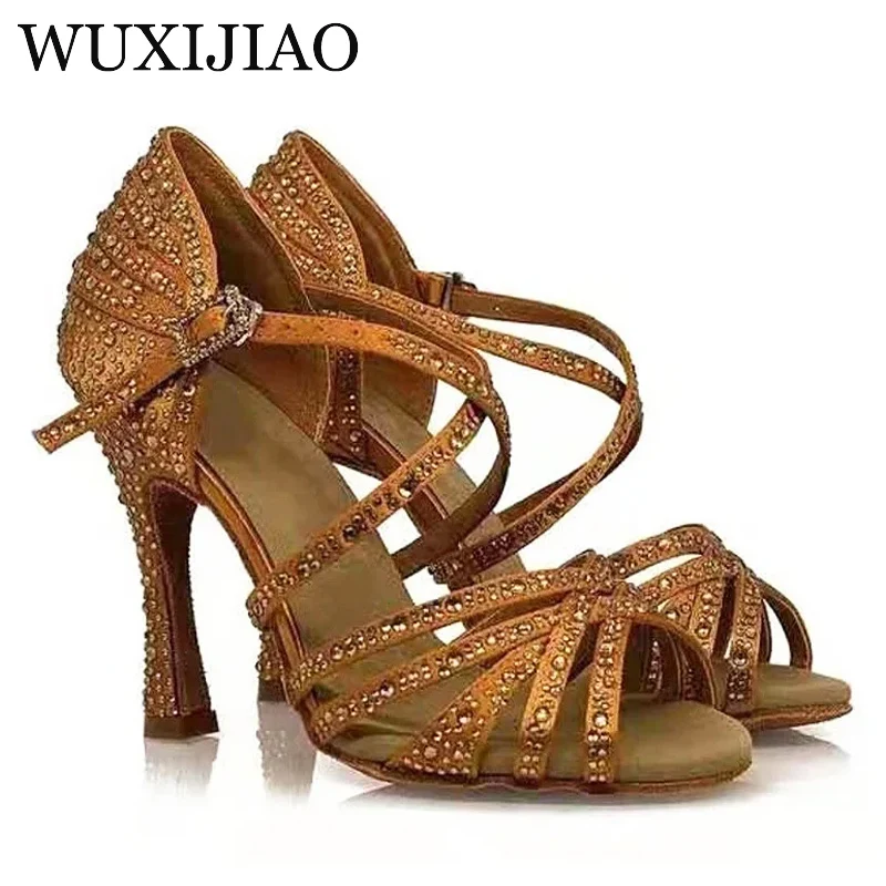 Bronze satin diamond Latin dance shoes high heels professional soft soled dance shoes summer sandals square shoes