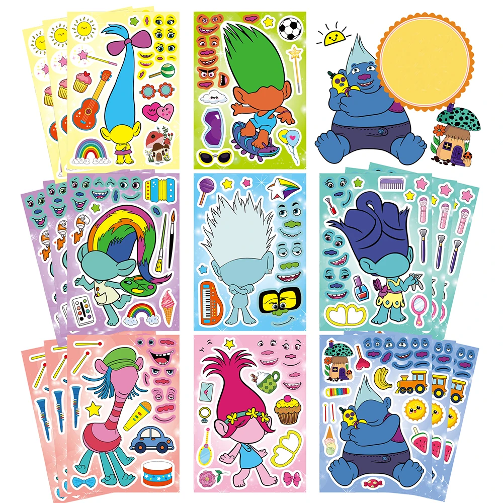 

8/16sheets Cartoon Anime Trolls Puzzle Stickers Children Make a Face Decals Kids Assemble Jigsaw Educational Toy for Party Gifts