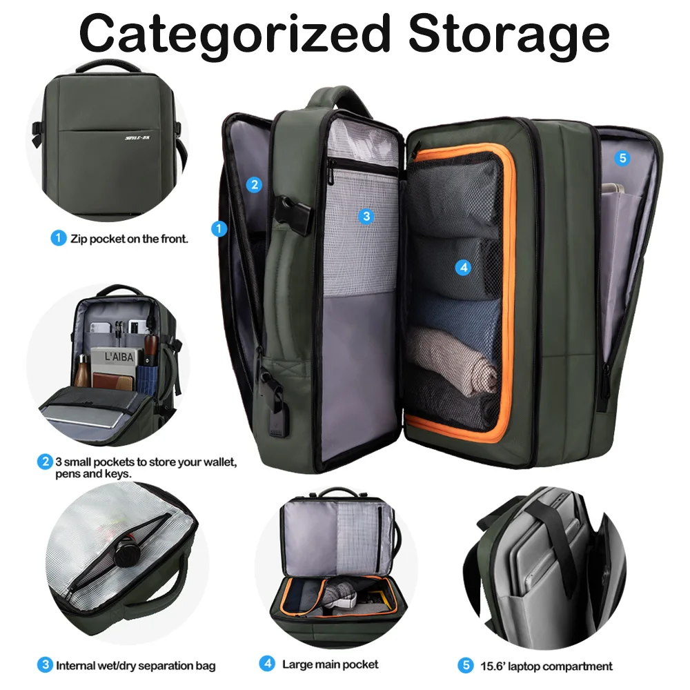 HcanKcan Expandable Men's Backpack Waterproof 15.6''Laptop Bag Large Capacity Hiking Travel Bag Business Backpack Casual Daypack