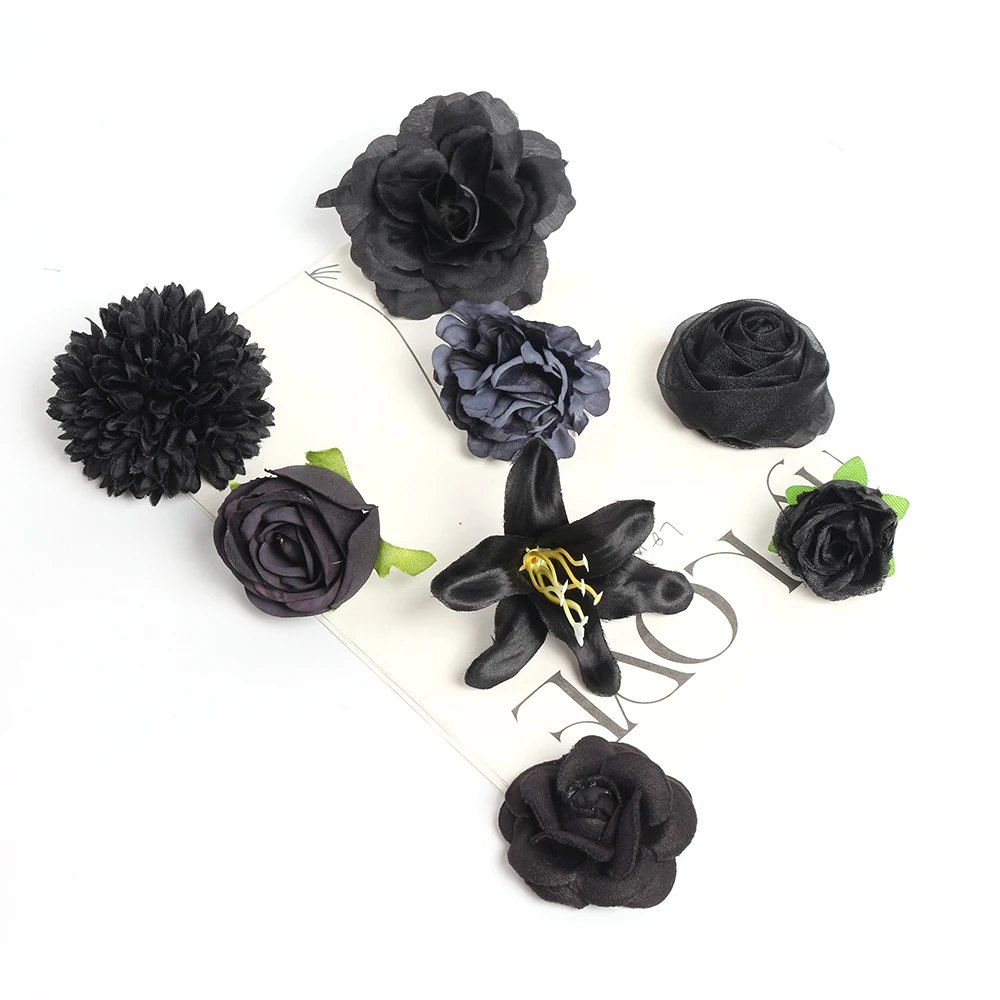 5 Stück schwarze künstliche Blumen für Heimdekoration, Hochzeit, Hochzeit, Dekoration, künstliche Blumen, Blumenstrauß, Basteln, Girlande, Sammelalbum-Zubehör – Detail 9