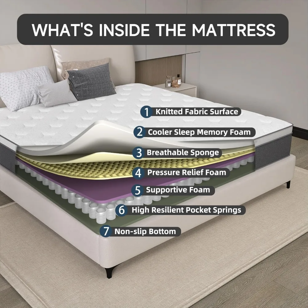 Mattress, Gel Memory Foam Hybrid Mattress in a Box, Individual Pocket Springs, Supportive & Pressure Relief, Good Sprigback 6