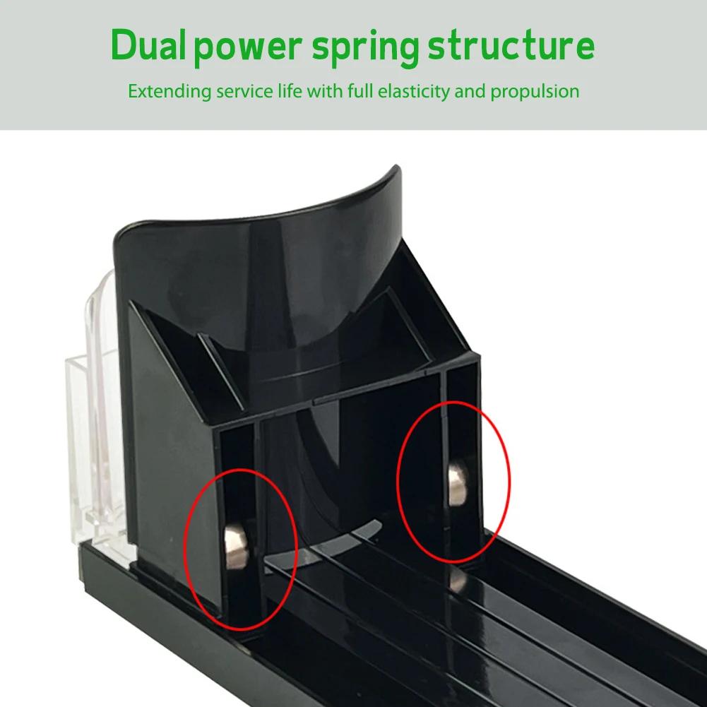 Drink Organizer Dispenser Spring Push Canned Beverage Push Rack Adjustable Width Storage Shelf E-shaped Glide for Refrigerator 5