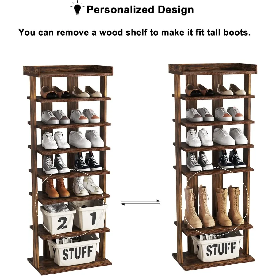 7Tier Wood Shoe Rack Double Rows Shoe Shelf Shoe Storage Stand Entryway Shoe Tower Vertical Shoe Organizer for Narrow Closet En