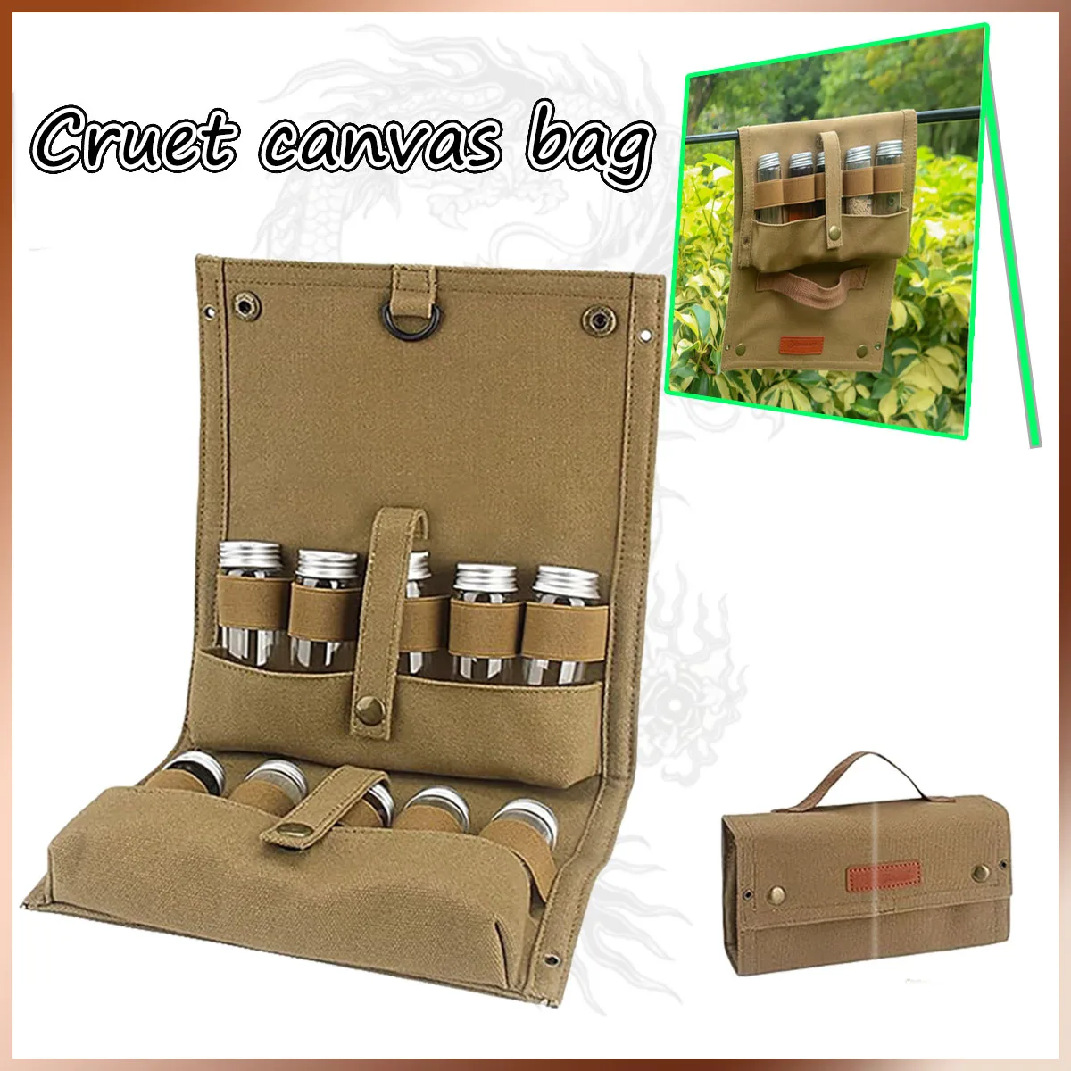 FANDAO Seasoning Bottle Storage Bag Foldable Canvas Outdoor Camping Travel 10 Spice Jars