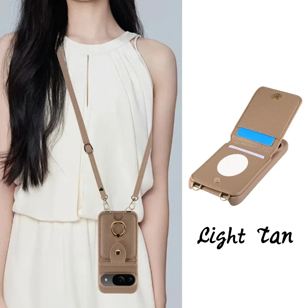 Dual-Function Leather Phone Case with Crossbody Ring and Mirror Wallet