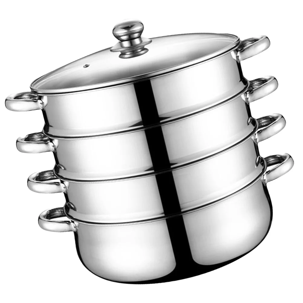 Stainless Steel Pot Steamer Steam Cooking Soup Cookware Steaming Food Stock Steamers Pots Stockpot Tier Lid (Four-Layer)