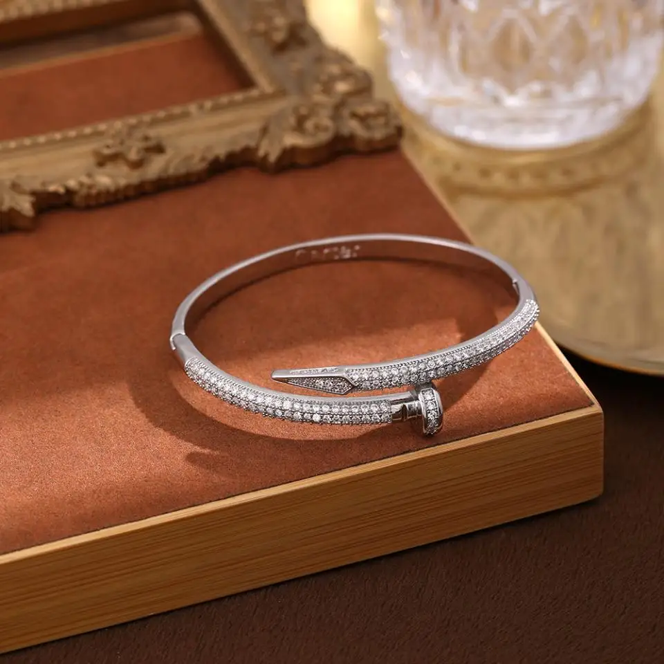 Zircon Bracelet RAKOL Zircon Nail Open Bracelet For Women Fashion Crystal Inlaid Adjustable Bracelet Party Jewelry Gift