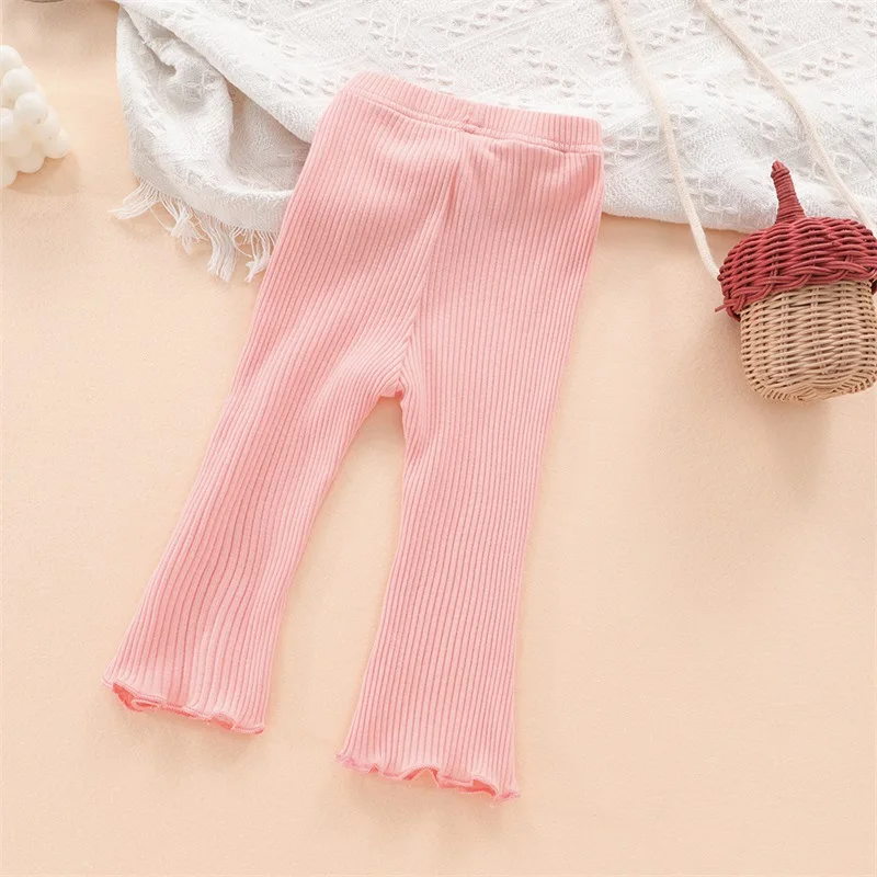 Spring Autumn Baby Solid Ruffle Ribbed Leggings Girl Infant Pit Striped Casual Flare Pants Girl Children Fashion Cotton Trousers