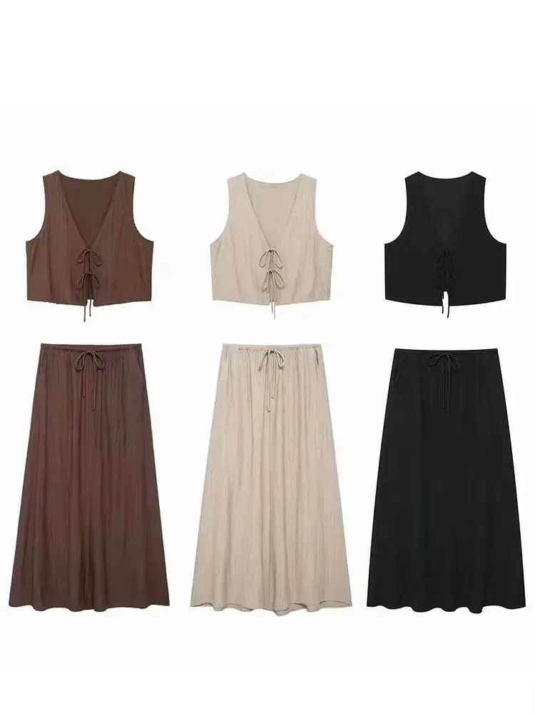 HH Women Fashion Vintage Solid Skirt Suit Bow Lace-up Tank Tops V Neck Cests Drawstring Midi Skirts Casual High Street Sets