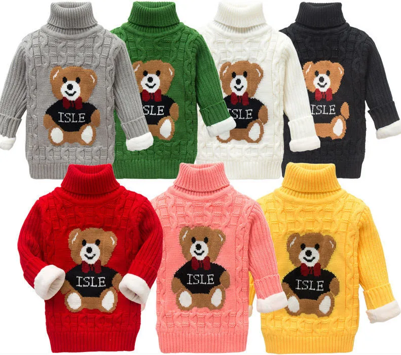 

Spring Autumn Toddler Girl Sweater Cartoon Bear Turtleneck Baby Girl Knitwear Casual Long Sleeve Thick Fleece Young Kid Girl Top