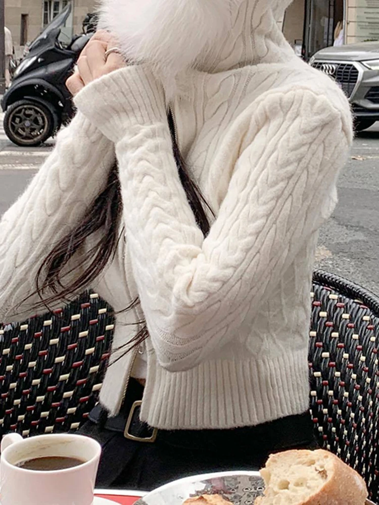 IAMSURE Sweet Furry Trim Hooded Knitted Cropped Cardigans Slim Zipper Long Sleeve Sweaters Women 2023 Autumn Winter Fashion Lady 3