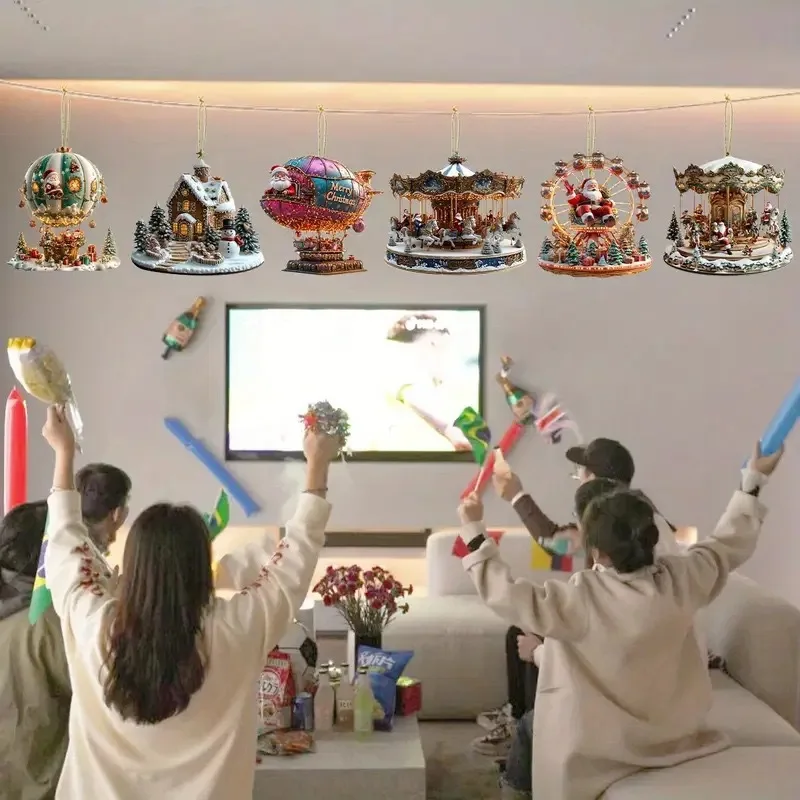 12PCS/Set Christmas Hot Air Balloon Ornaments 2D Flat Wooden Santa Claus Hanging Pendant Christmas New Year Decor Navidad