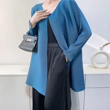 Women's Double Layer Pleated Jacket Toothpick Cardigan Mid-Length Long Sleeve Comfortable, Casual Loose Top, Spring and Autumn