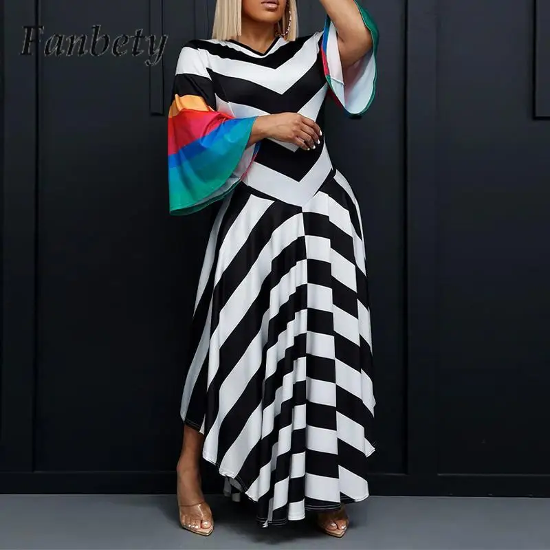 

Fashion Striped Printed V-Neck Pullover Dress Elegant High Waist Flared Sleeves Irregular Long Dress Women Commuter Office Dress