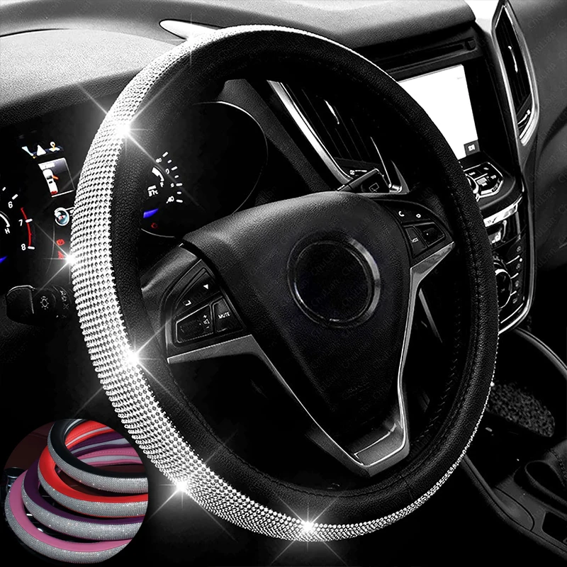Rhinestones Leather Steering Wheel Cover with Bling Crystal Diamond Car Wheel Protector Car Interior Decoration Accessories
